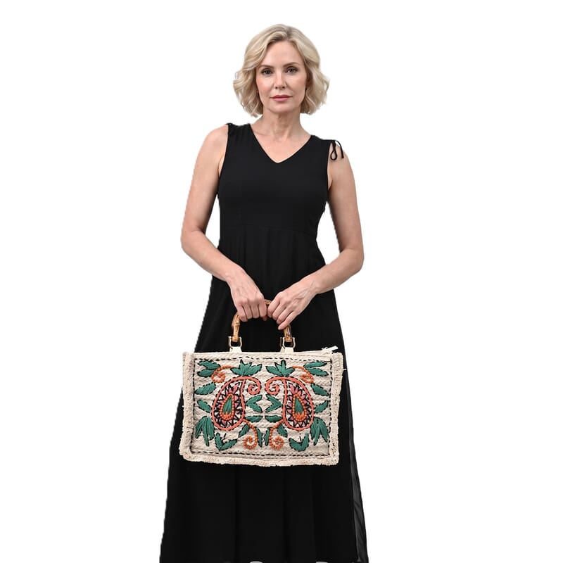 La Marey Beige Cotton Hand Embroidered Kashmiri Paisley Pattern Tote bag with Fringes