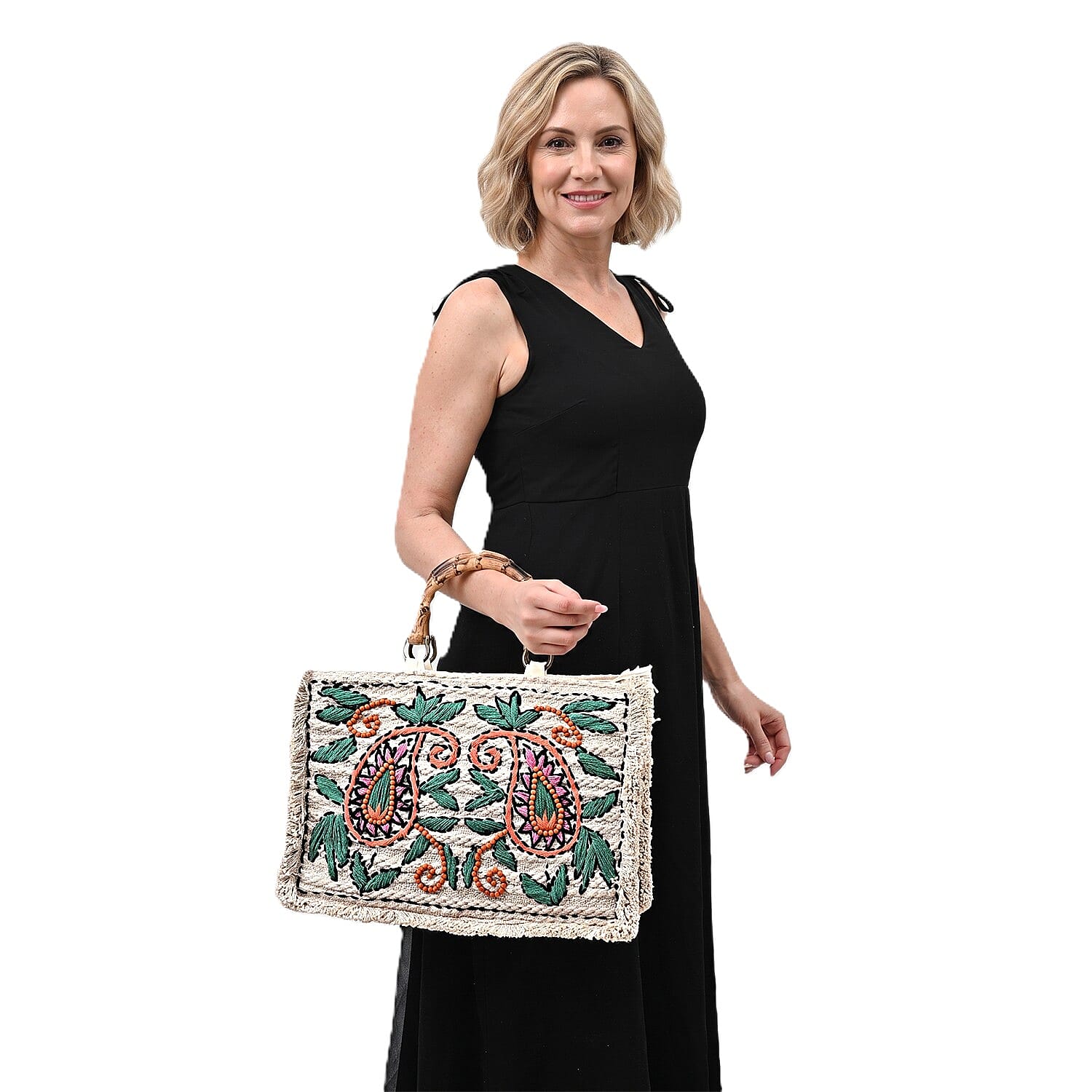 La Marey Beige Cotton Hand Embroidered Kashmiri Paisley Pattern Tote bag with Fringes