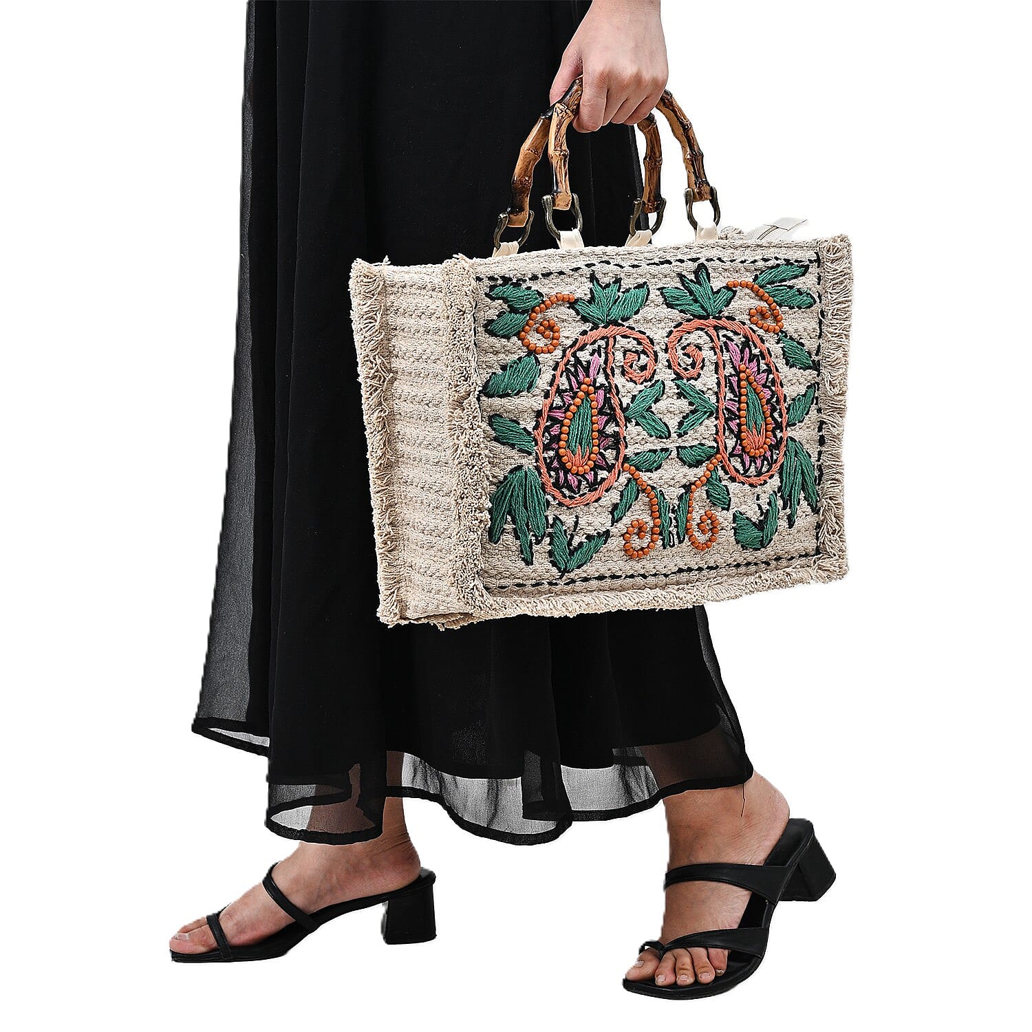 La Marey Beige Cotton Hand Embroidered Kashmiri Paisley Pattern Tote bag with Fringes