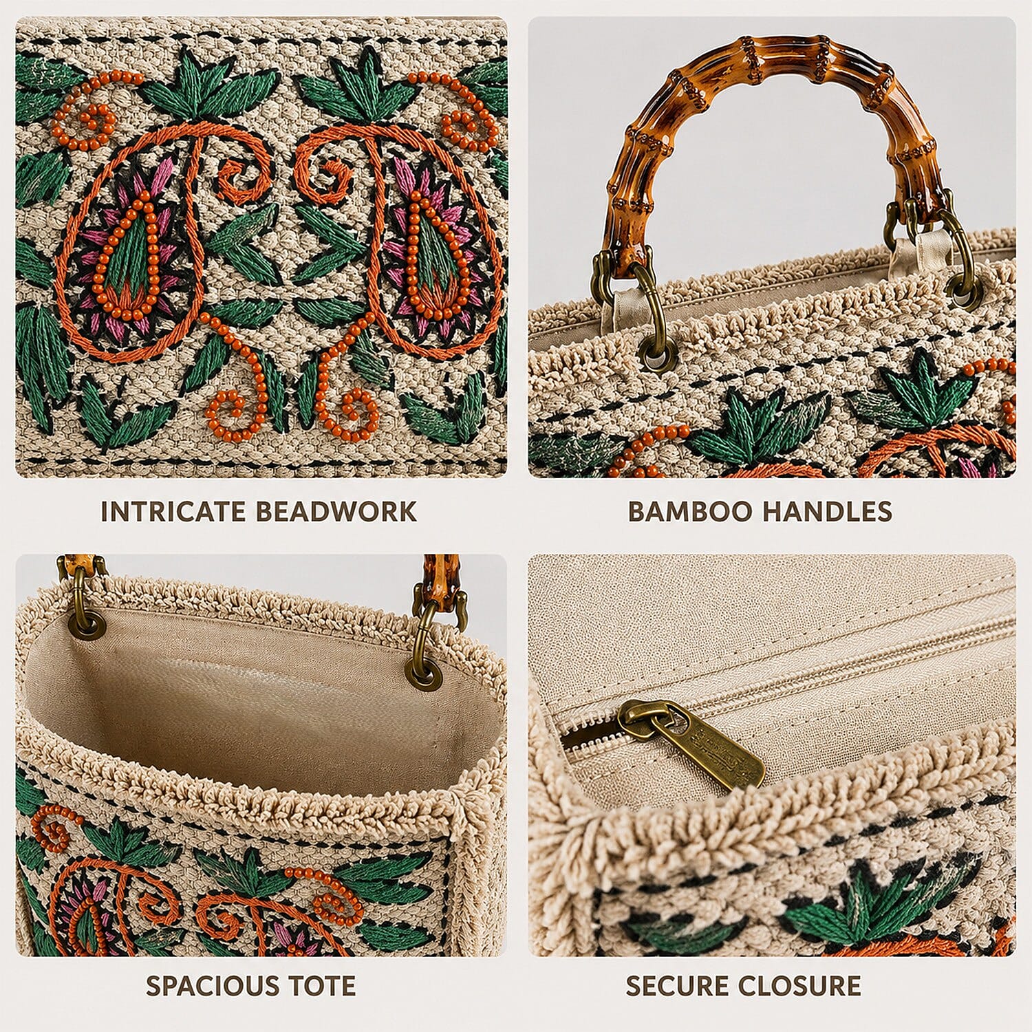 La Marey Beige Cotton Hand Embroidered Kashmiri Paisley Pattern Tote bag with Fringes