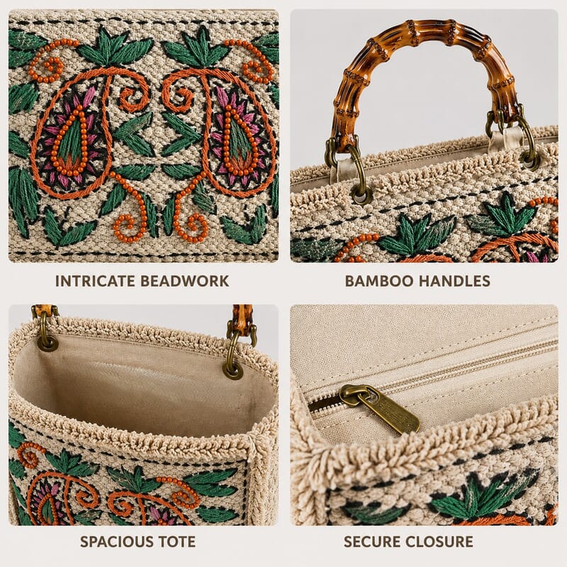 La Marey Beige Cotton Hand Embroidered Kashmiri Paisley Pattern Tote bag with Fringes