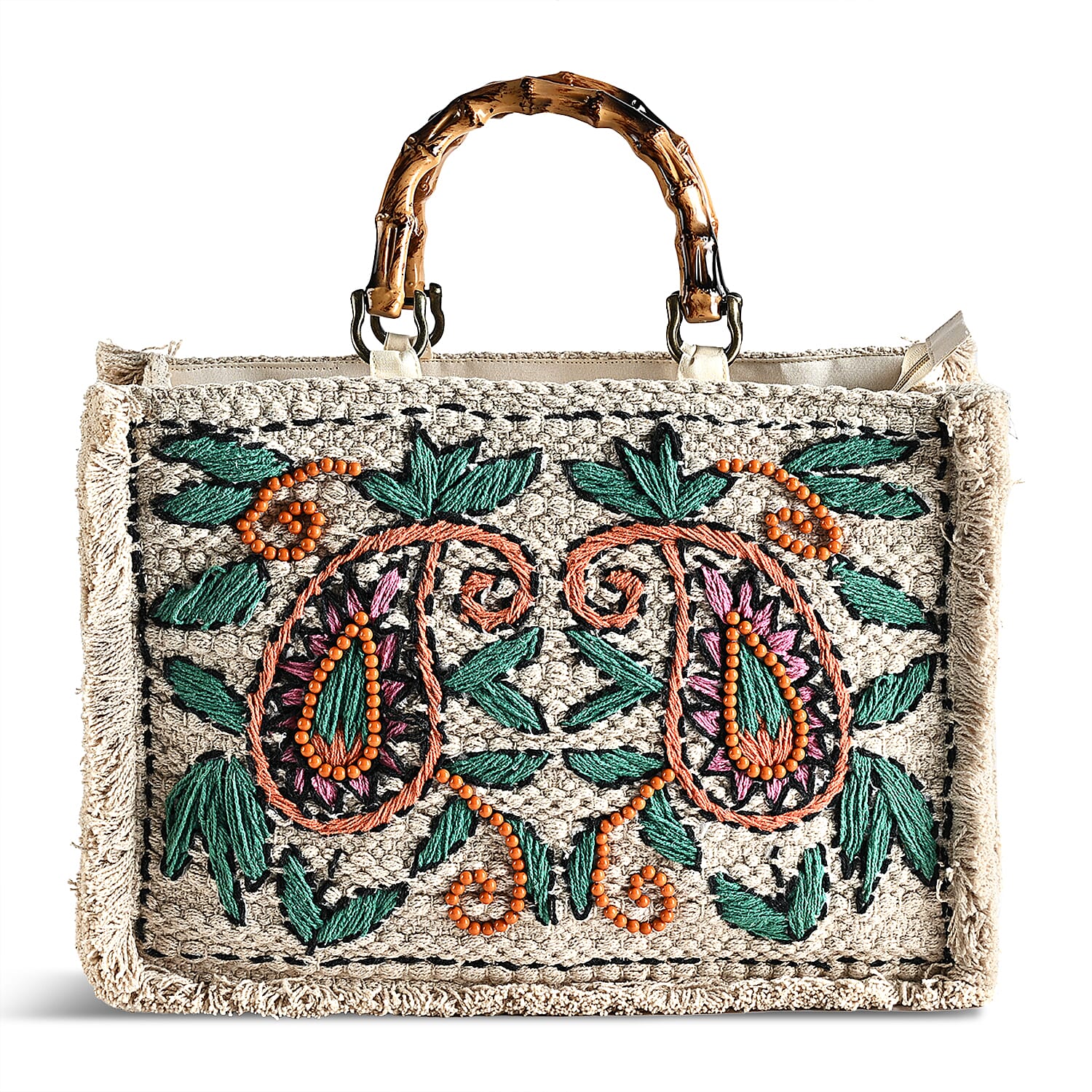 La Marey Beige Cotton Hand Embroidered Kashmiri Paisley Pattern Tote bag with Fringes