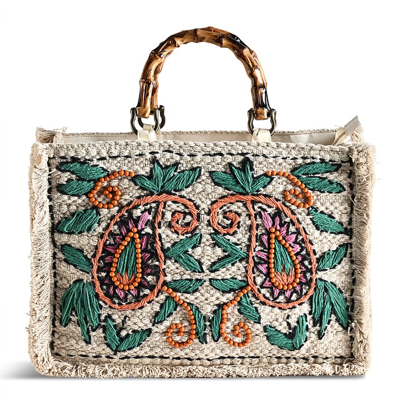 La Marey Beige Cotton Hand Embroidered Kashmiri Paisley Pattern Tote bag with Fringes