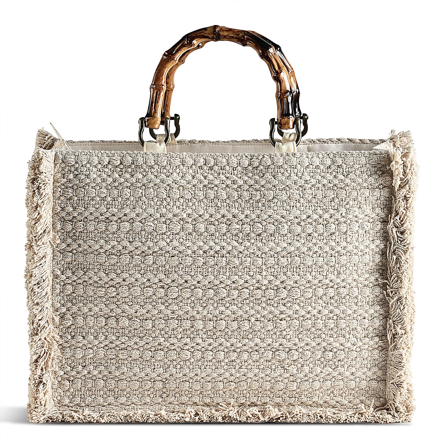 La Marey Beige Cotton Hand Embroidered Kashmiri Paisley Pattern Tote bag with Fringes
