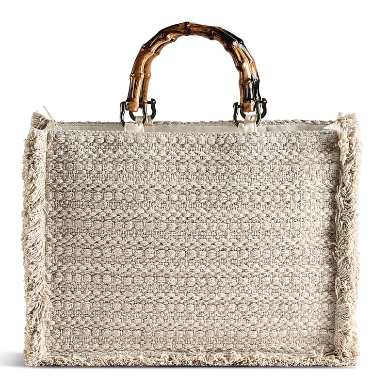 La Marey Beige Cotton Hand Embroidered Kashmiri Paisley Pattern Tote bag with Fringes
