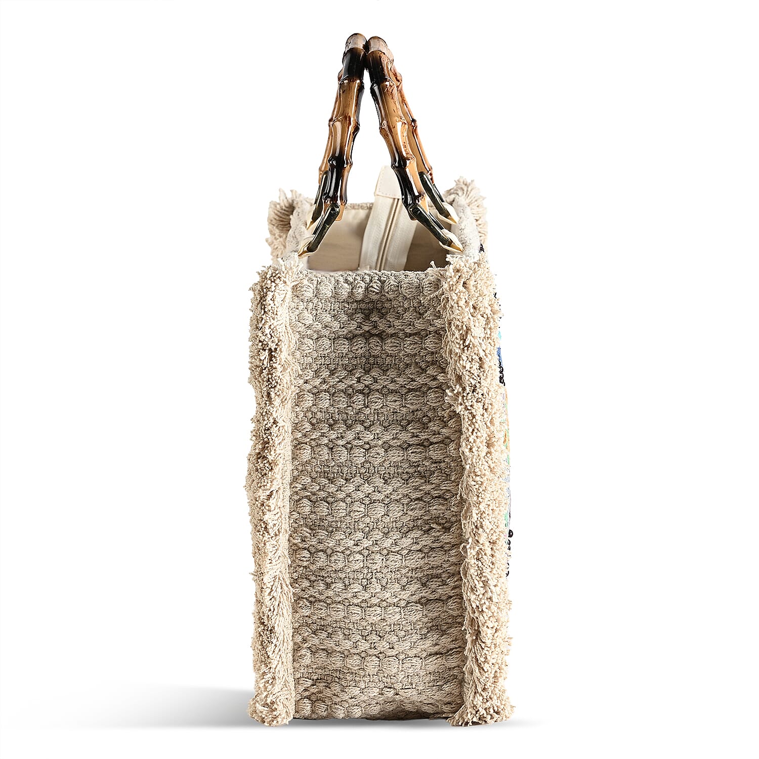 La Marey Beige Cotton Hand Embroidered Kashmiri Paisley Pattern Tote bag with Fringes