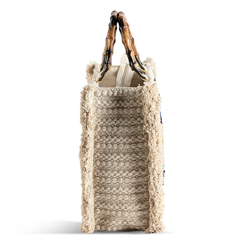 La Marey Beige Cotton Hand Embroidered Kashmiri Paisley Pattern Tote bag with Fringes