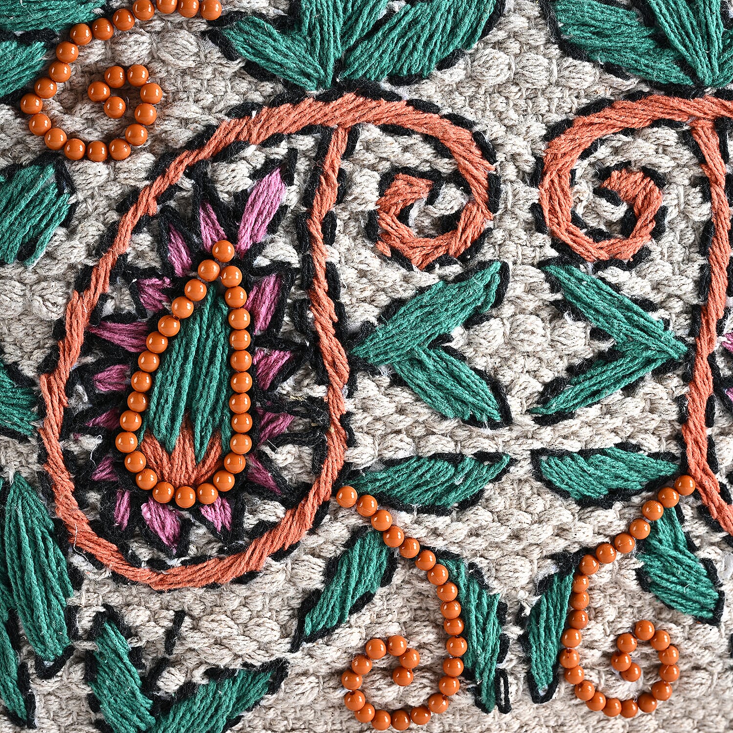 La Marey Beige Cotton Hand Embroidered Kashmiri Paisley Pattern Tote bag with Fringes