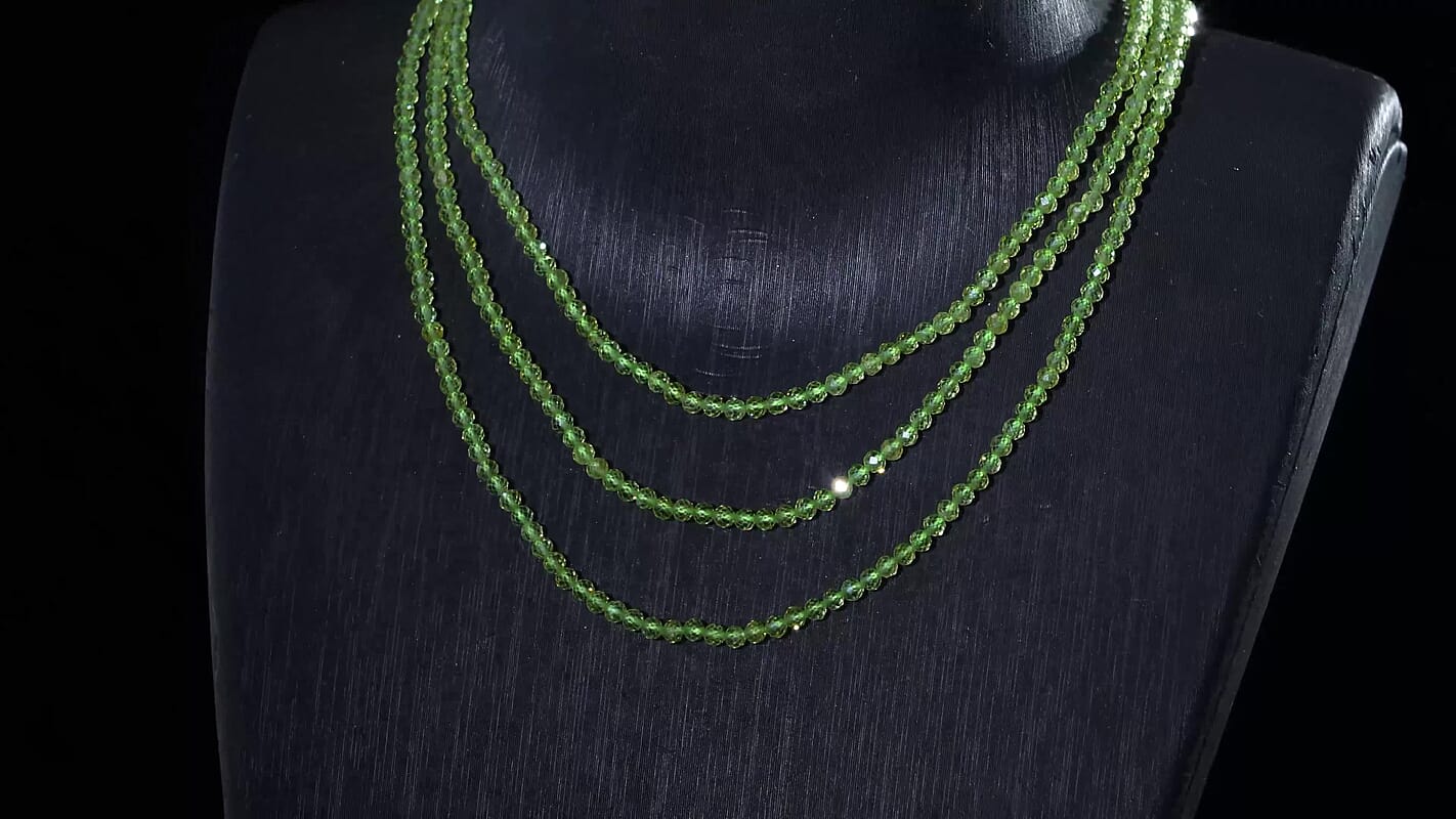 D'Joy Peridot 110.00 ctw Beaded 3 Row Necklace in Rhodium Over Sterling Silver (18-20-22 Inches)