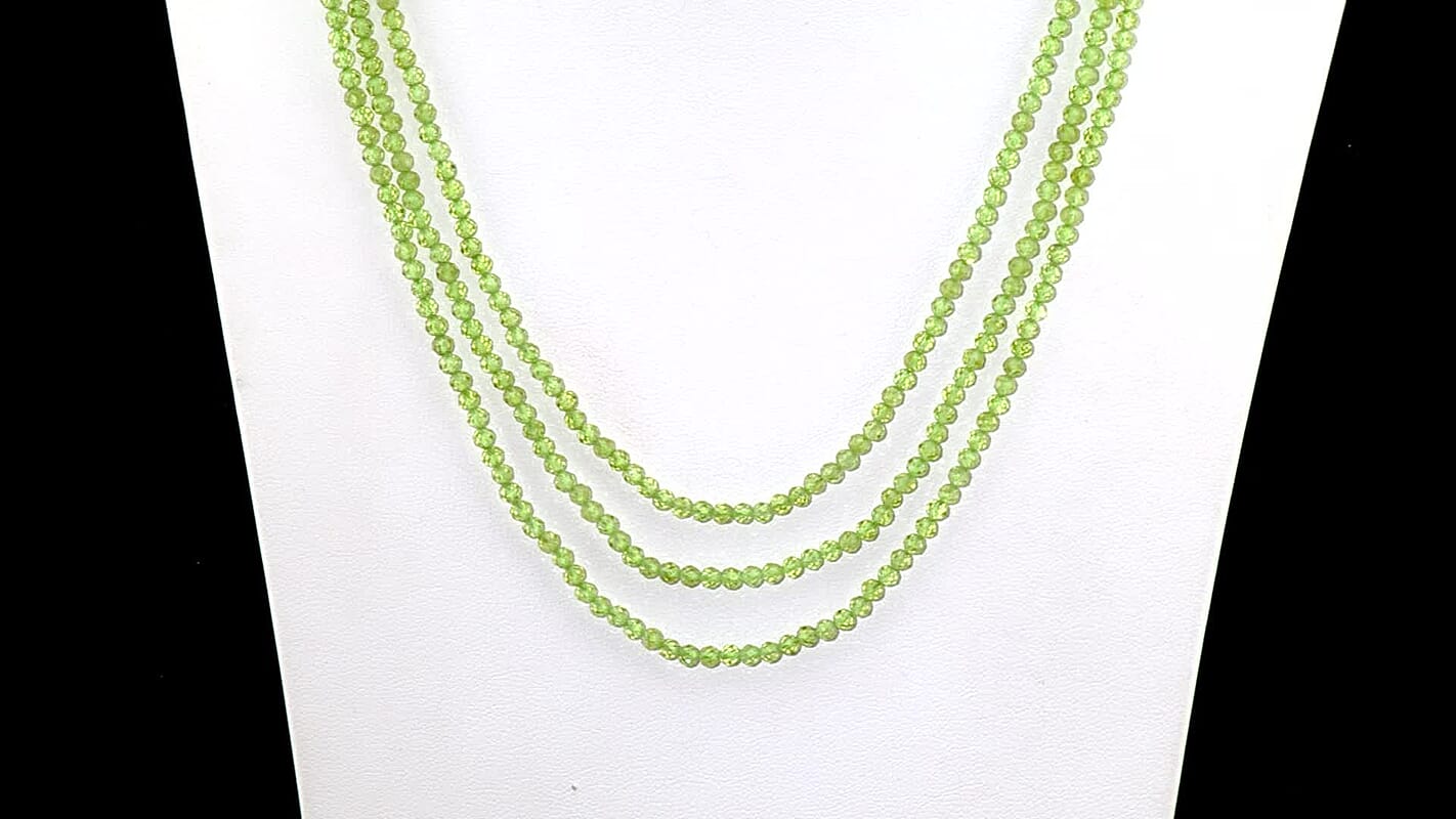 D'Joy Peridot 110.00 ctw Beaded 3 Row Necklace in Rhodium Over Sterling Silver (18-20-22 Inches)