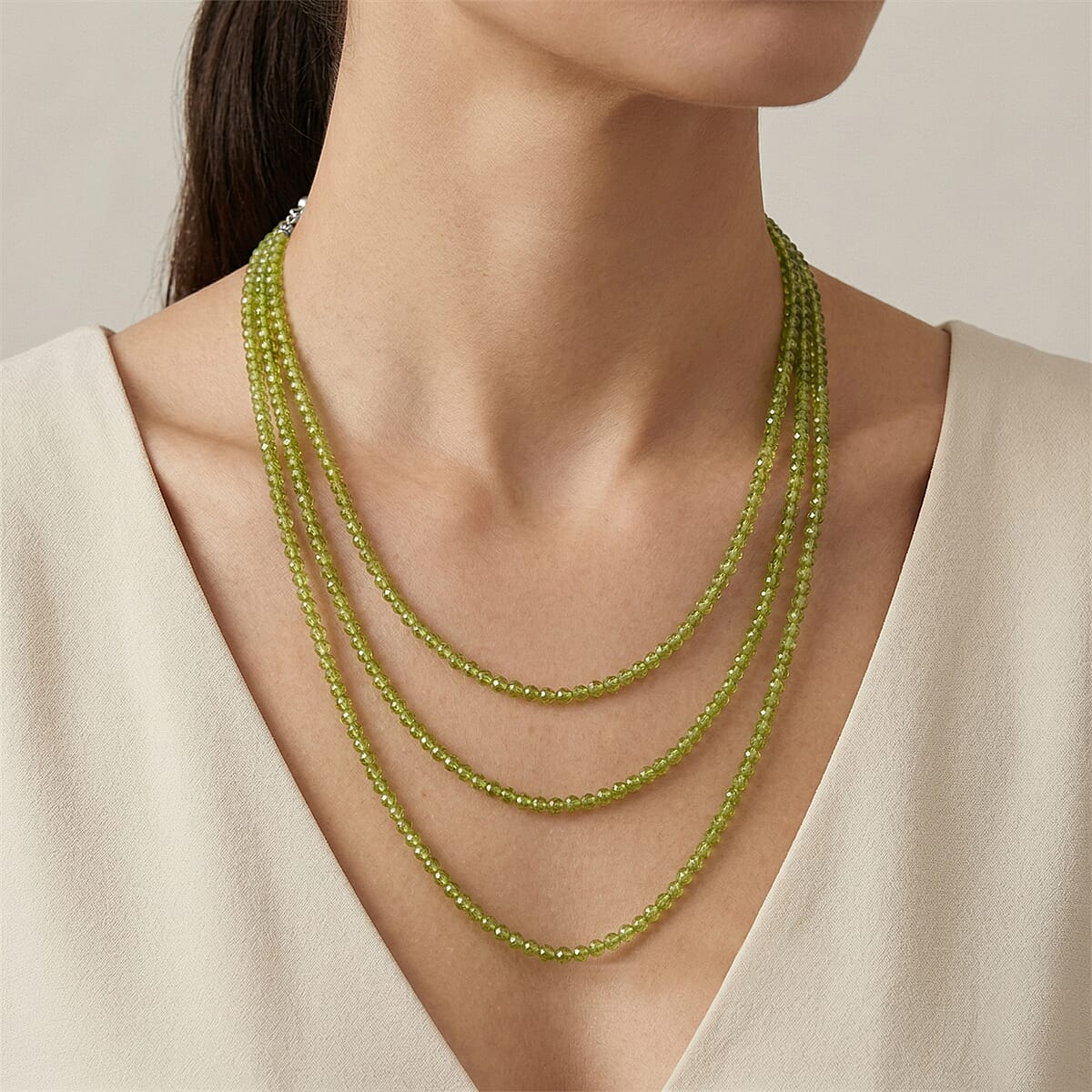 D'Joy Peridot 110.00 ctw Beaded 3 Row Necklace in Rhodium Over Sterling Silver (18-20-22 Inches) image number 2