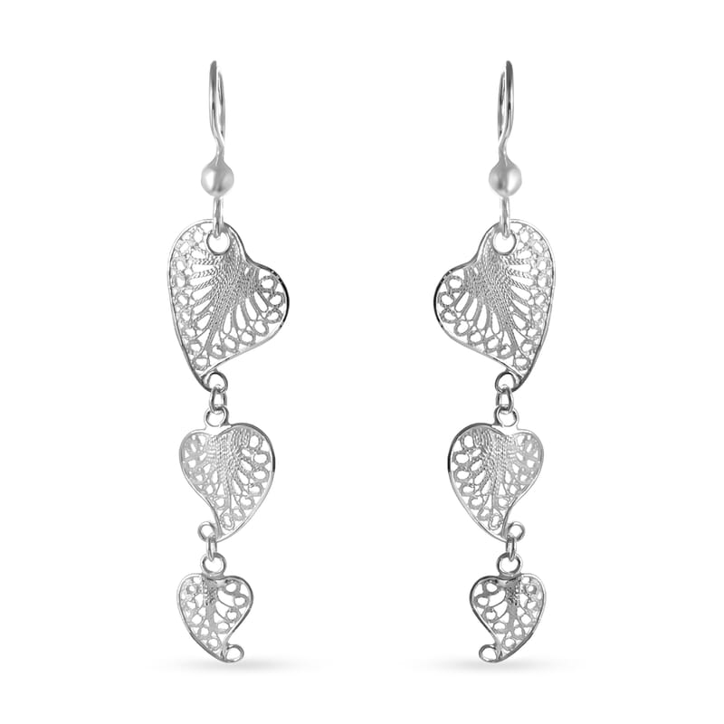Filigree Triple Heart Dangle Earrings in Sterling Silver 3.15 Grams