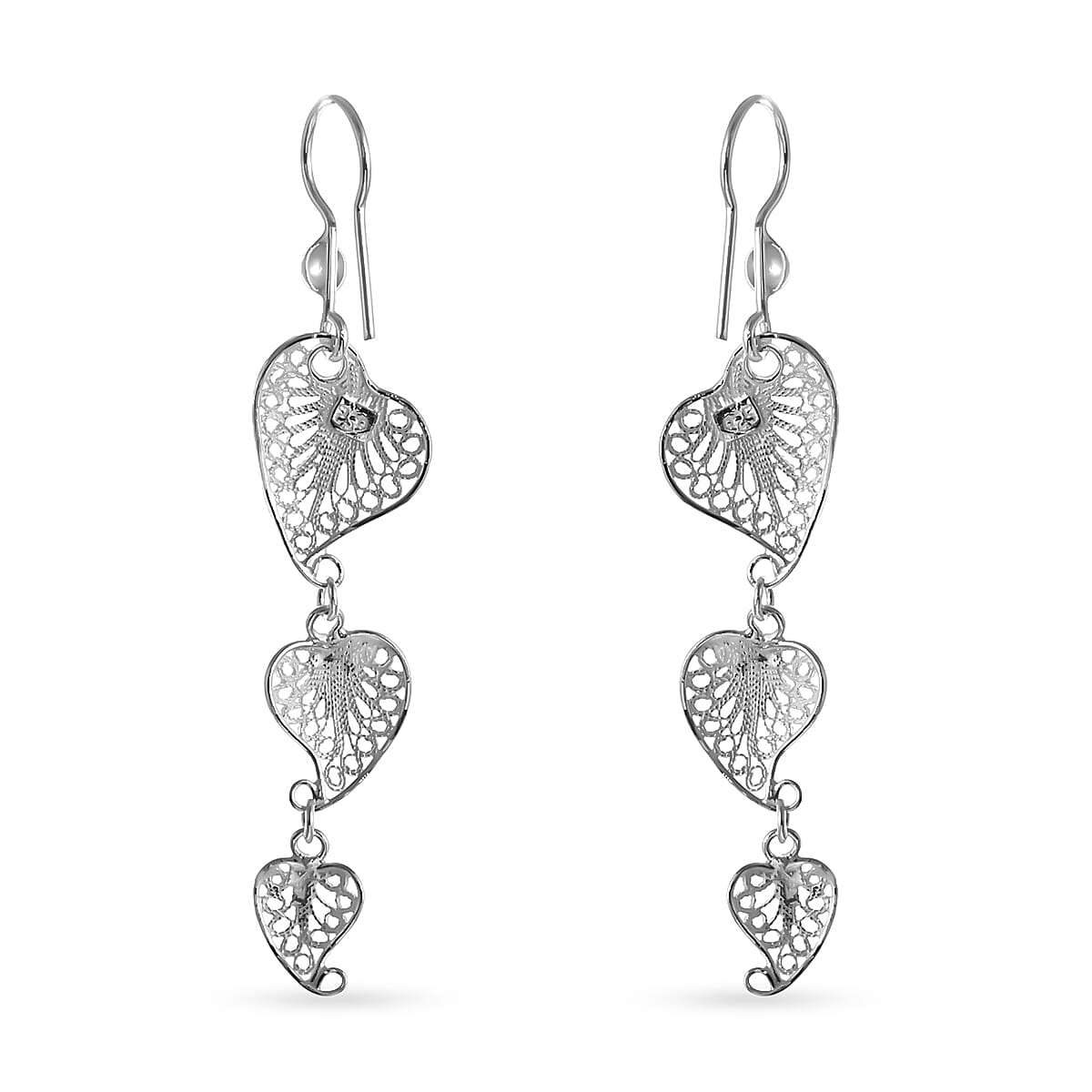 Filigree Triple Heart Dangle Earrings in Sterling Silver 3.15 Grams