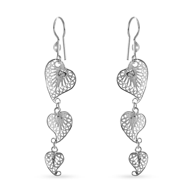 Filigree Triple Heart Dangle Earrings in Sterling Silver 3.15 Grams