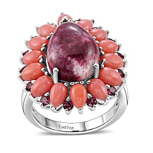 EverTrue Premium Norwegian Thulite and Multi Gemstone 10.10 ctw Blooming Dewdrop Halo Ring in Platinum Bond (Size 10.0)