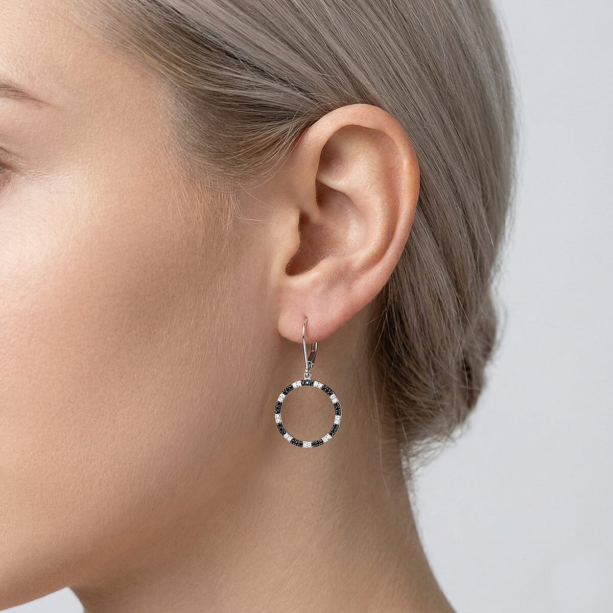 D'Joy Natural Black and White Diamond 0.25 ctw Circle Earrings in Rhodium Over Sterling Silver image number 2