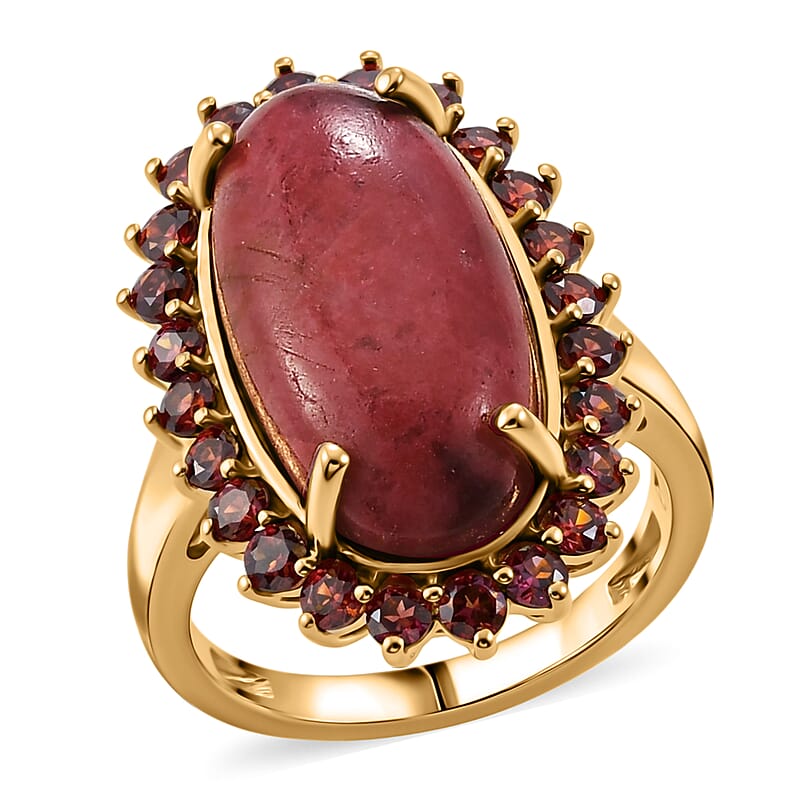 EverTrue Premium Norwegian Thulite and Orissa Rhodolite Garnet 13.20 ctw Blooming Rose Elegance Ring in 18K Yellow Gold Plated (Size 11.0)