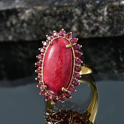EverTrue Premium Norwegian Thulite and Orissa Rhodolite Garnet 13.20 ctw Blooming Rose Elegance Ring in 18K Yellow Gold Plated (Size 11.0)