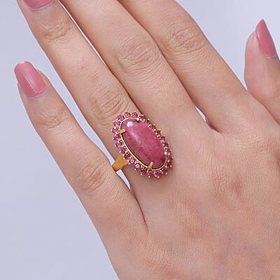 EverTrue Premium Norwegian Thulite and Orissa Rhodolite Garnet 13.20 ctw Blooming Rose Elegance Ring in 18K Yellow Gold Plated (Size 11.0)