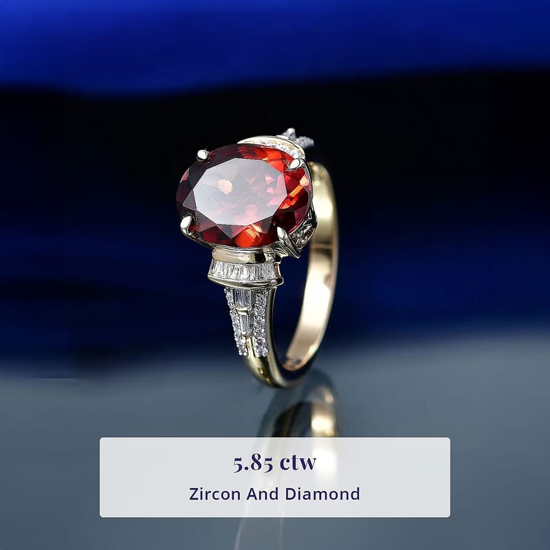 Luxoro AAA Red Zircon and Diamond I2 5.85 ctw Sunset Royal Spark Ring in 10K Yellow Gold (Size  10.0)