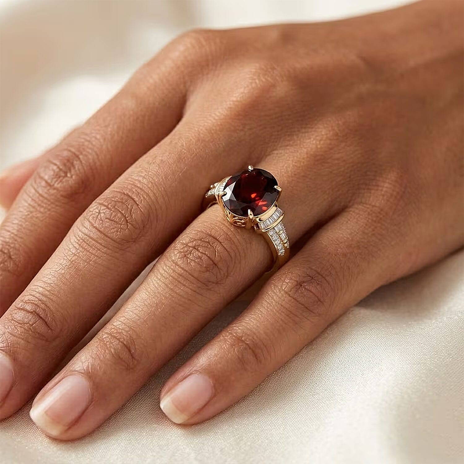 Luxoro AAA Red Zircon and Diamond I2 5.85 ctw Sunset Royal Spark Ring in 10K Yellow Gold (Size 7.0)