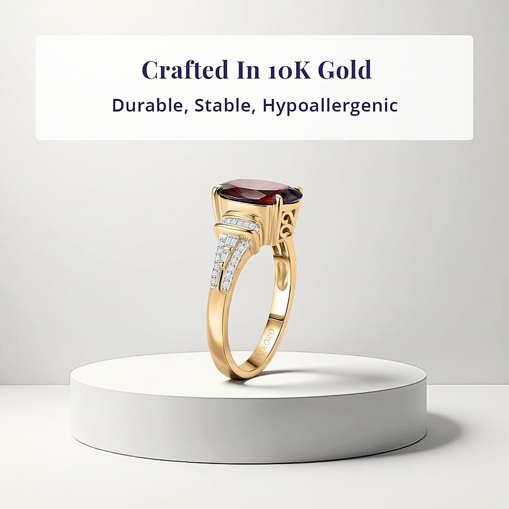Luxoro AAA Red Zircon and Diamond I2 5.85 ctw Sunset Royal Spark Ring in 10K Yellow Gold (Size 7.0)