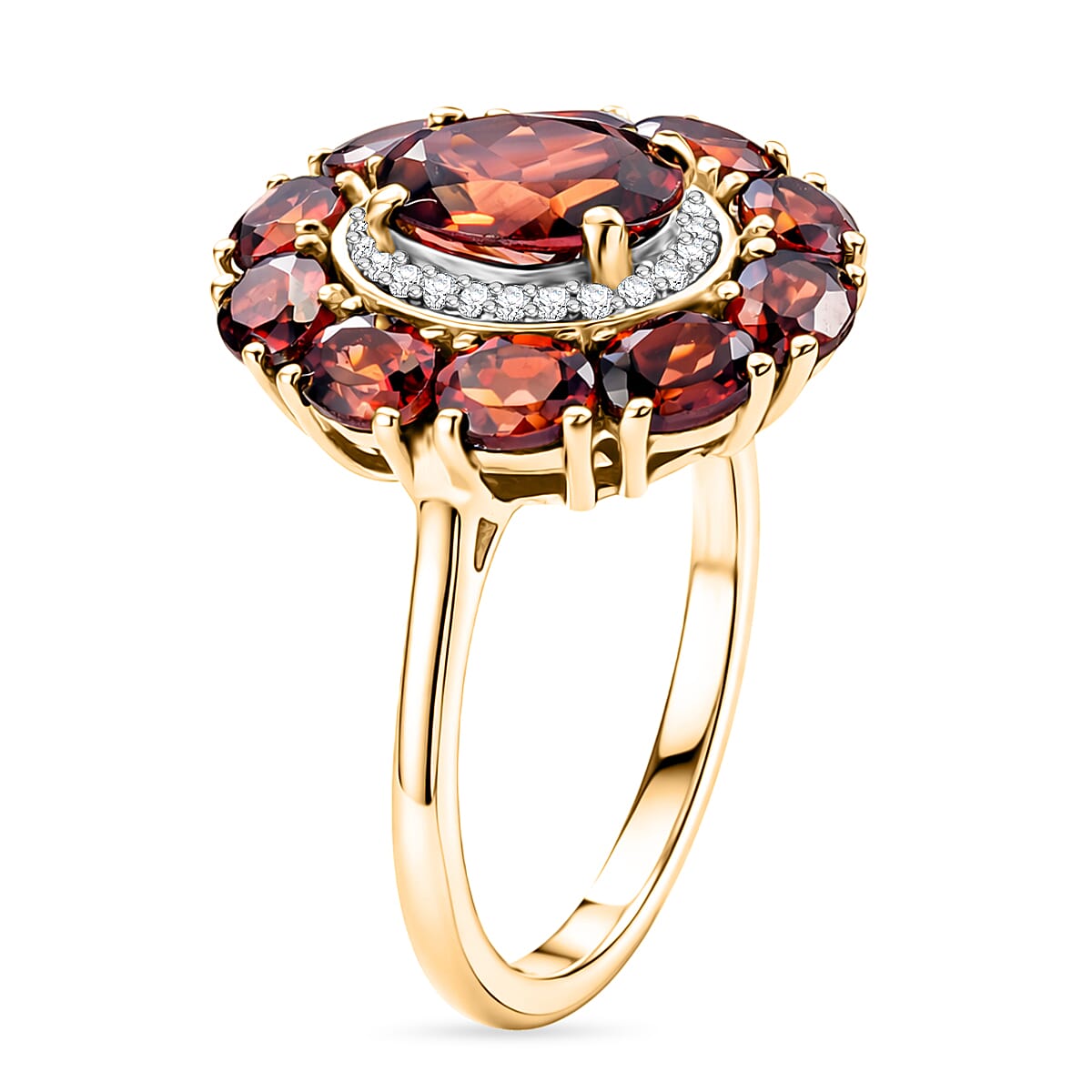 D'Joy AAA Red Zircon and White Zircon 4.90 ctw Royal Ruby Bloom Ring in 18K Vermeil Yellow Gold Over Sterling Silver (Size 10.0) (Del. in 8-10 Days) image number 3