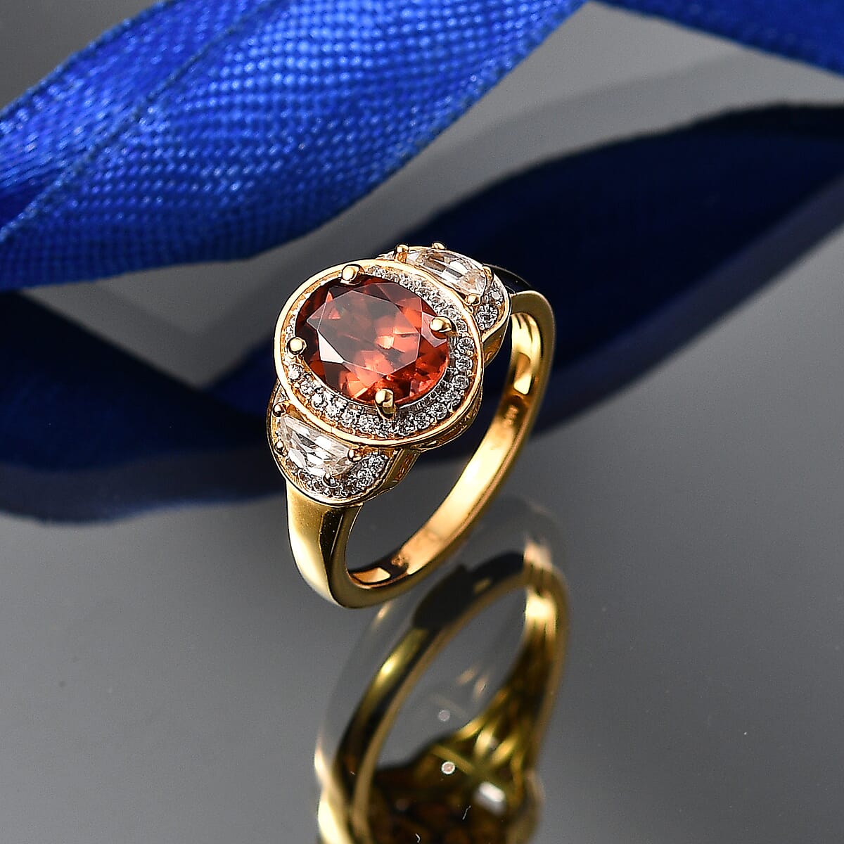 D'Joy AAA Red Zircon and White Zircon 3.35 ctw Royal Ruby Oval Ring in 18K Vermeil Yellow Gold Over Sterling Silver (Size 9.0) image number 1