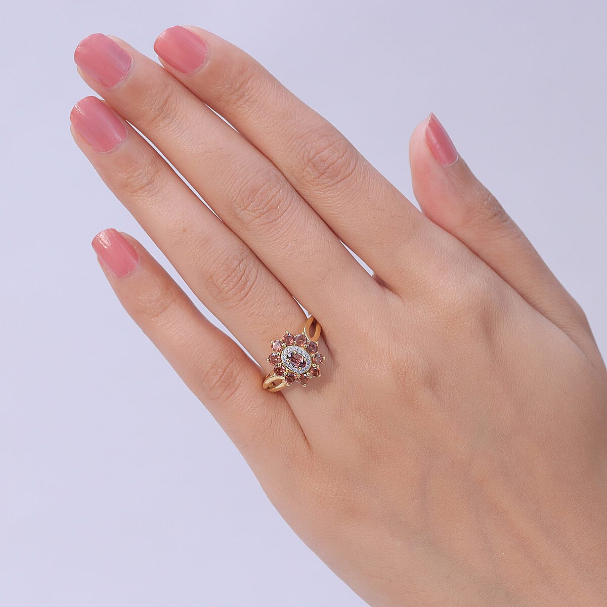 D'Joy AAA Red Zircon and White Zircon 2.25 ctw Red Flower Halo Ring in 18K Vermeil Yellow Gold Over Sterling Silver (Size 10.0) image number 2