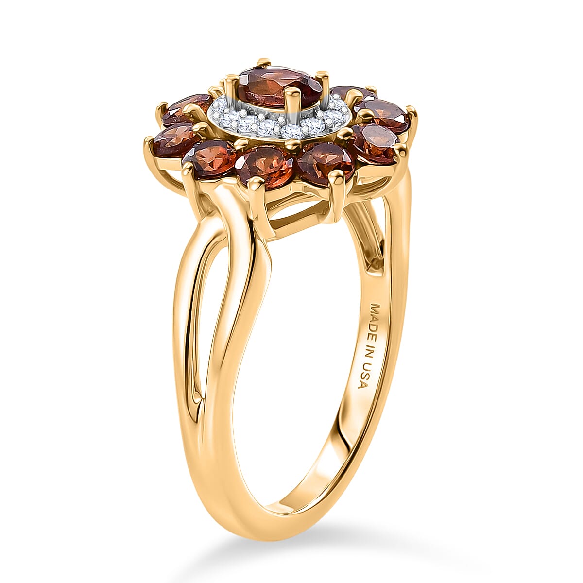 D'Joy AAA Red Zircon and White Zircon 2.25 ctw Red Flower Halo Ring in 18K Vermeil Yellow Gold Over Sterling Silver (Size 6.0) image number 3