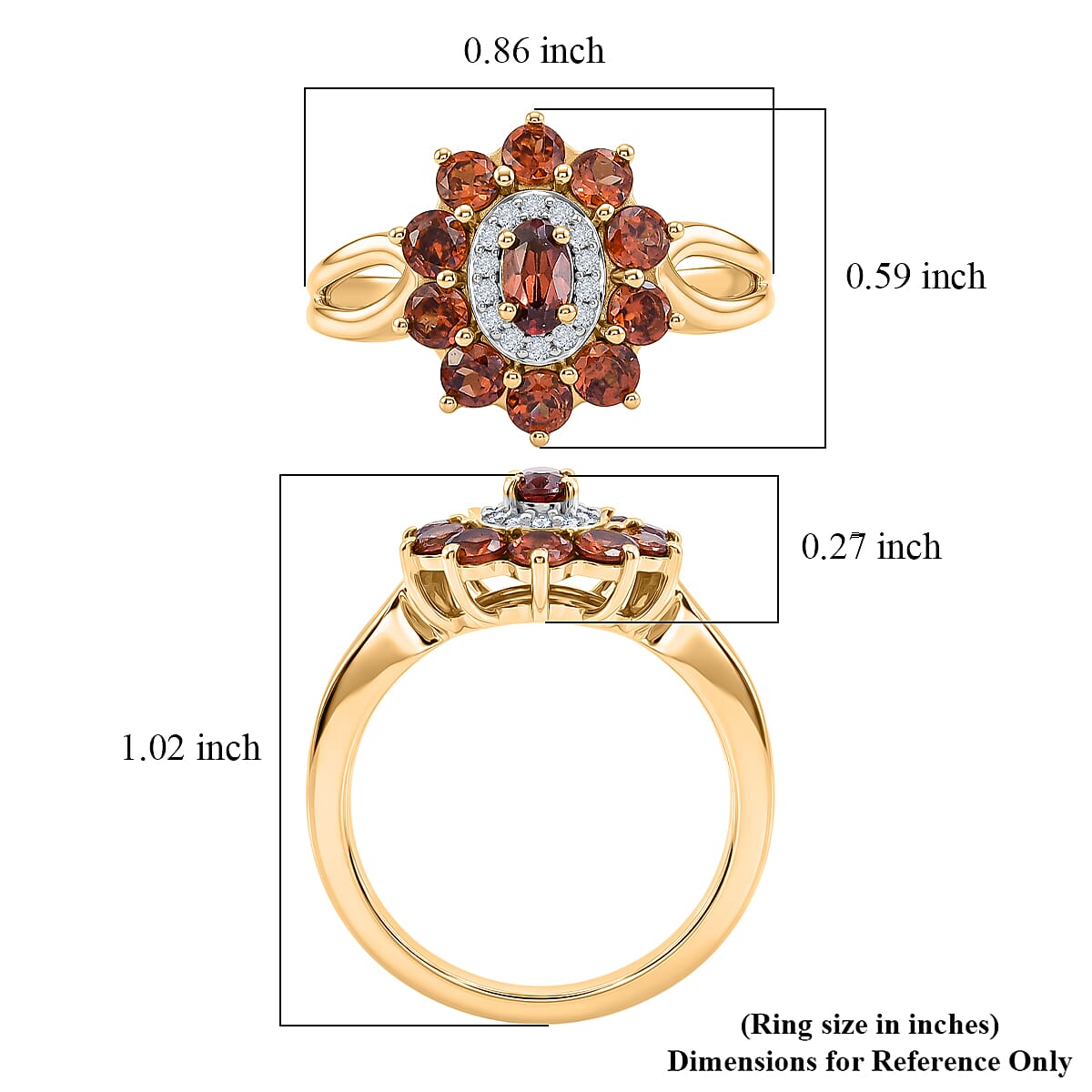 D'Joy AAA Red Zircon and White Zircon 2.25 ctw Red Flower Halo Ring in 18K Vermeil Yellow Gold Over Sterling Silver (Size 8.0) image number 5