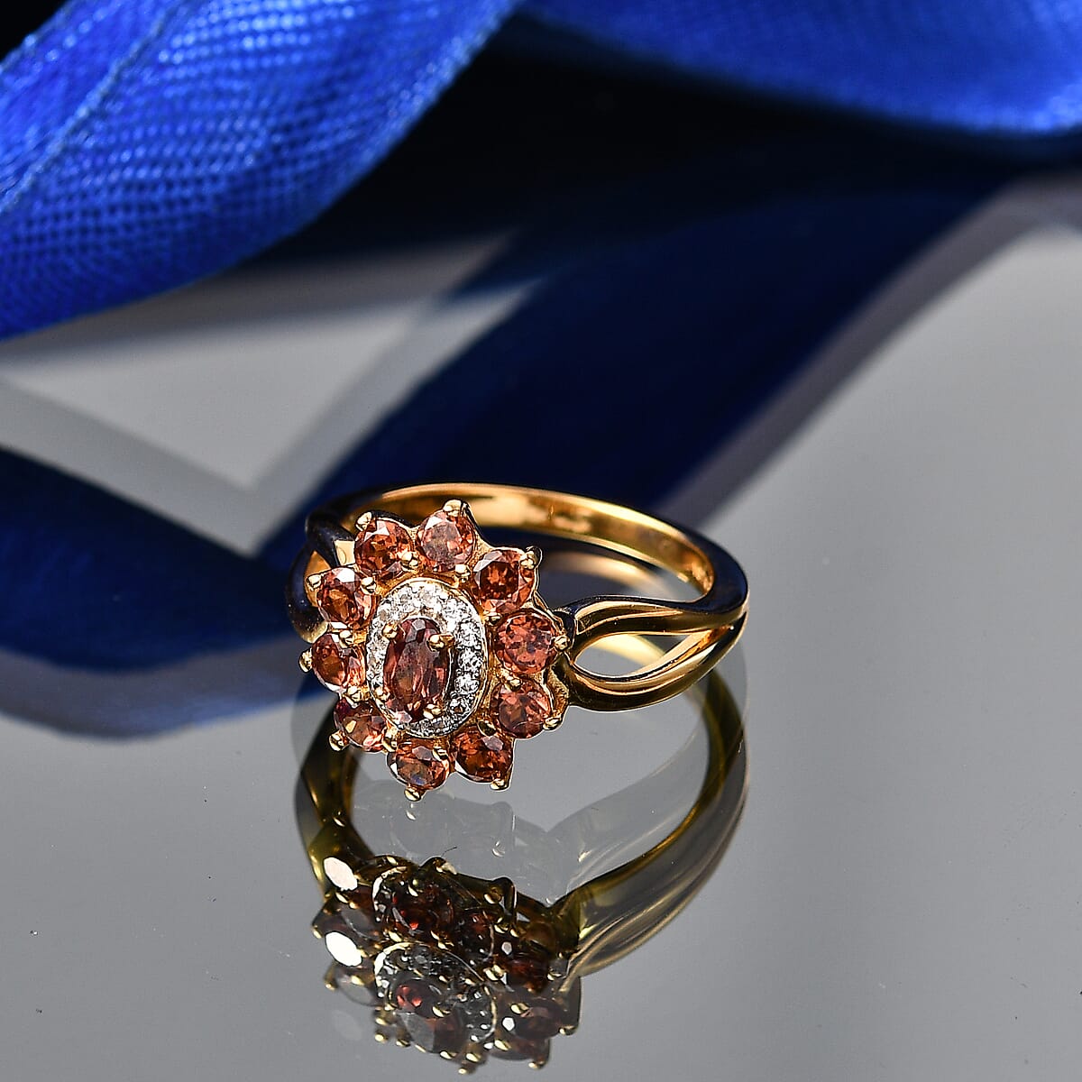 D'Joy AAA Red Zircon and White Zircon 2.25 ctw Red Flower Halo Ring in 18K Vermeil Yellow Gold Over Sterling Silver (Size 5.0) image number 1