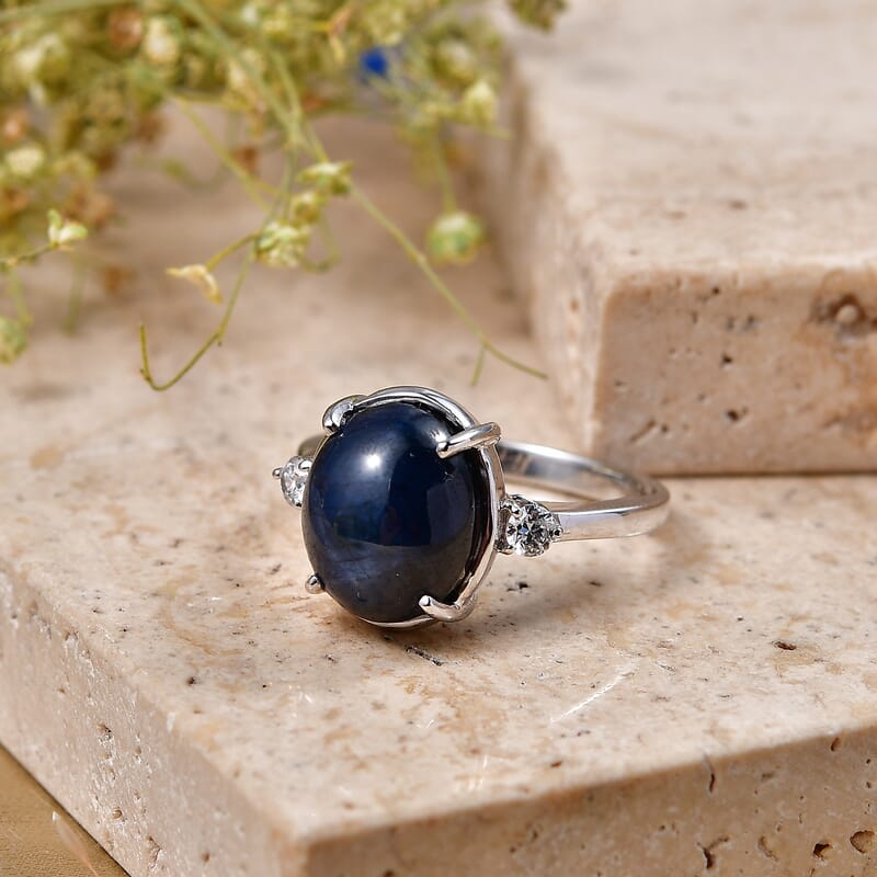 Luxoro Premium Blue Star Sapphire (DF) and Diamond I2 8.00 ctw Midnight Star Ring in 10K White Gold (Size 6.0)
