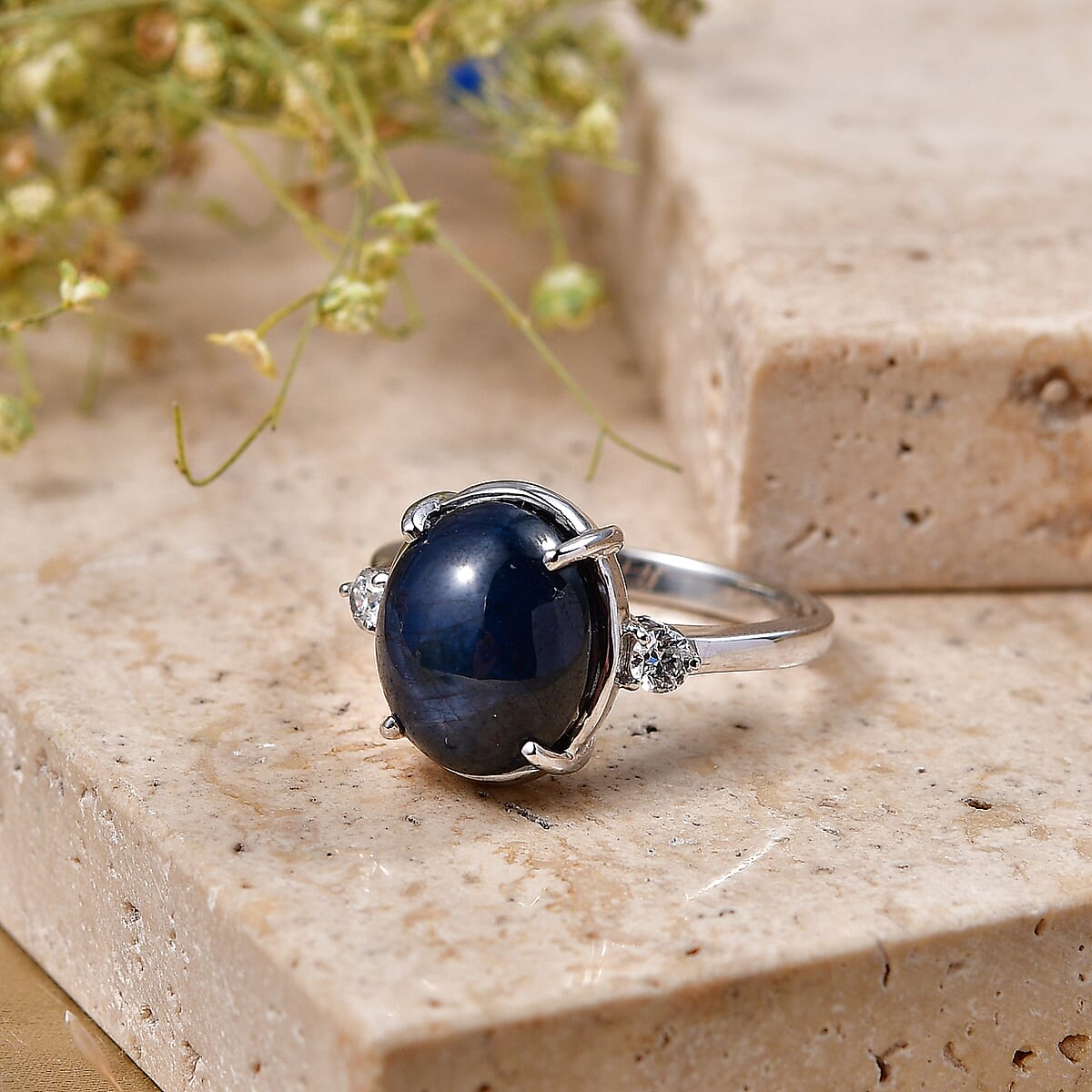 Luxoro Premium Blue Star Sapphire (DF) and Diamond I2 8.00 ctw Midnight Star Ring in 10K White Gold (Size 7.0) image number 1