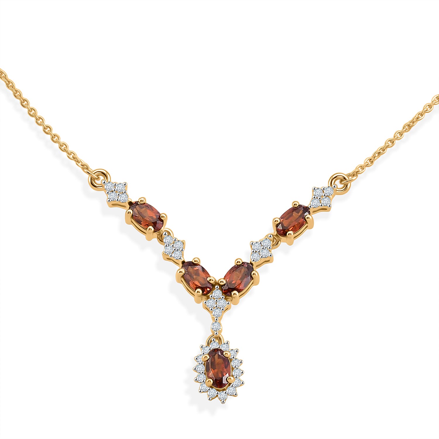 D'Joy AAA Red Zircon and White Zircon 2.30 ctw Imperial Red Flower Neckalce in 18K Vermeil Yellow Gold Over Sterling Silver 18-20 Inches