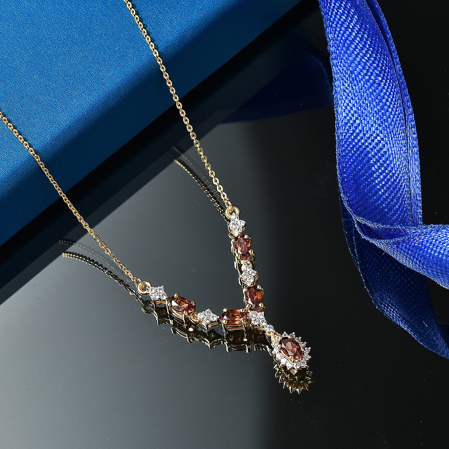 D'Joy AAA Red Zircon and White Zircon 2.30 ctw Imperial Red Flower Neckalce in 18K Vermeil Yellow Gold Over Sterling Silver 18-20 Inches