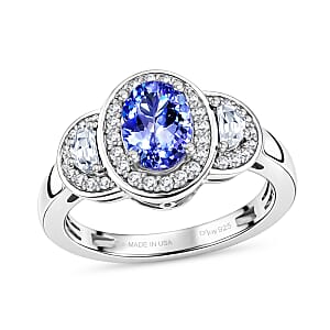 D'Joy Tanzanite and White Zircon 1.60 ctw Tri Stone Harmony Halo Ring in Rhodium Over Sterling Silver (Size 10.0)
