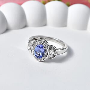 D'Joy Tanzanite and White Zircon 1.60 ctw Tri Stone Harmony Halo Ring in Rhodium Over Sterling Silver (Size 10.0)