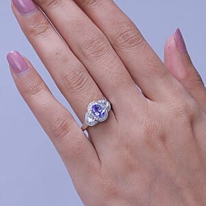 D'Joy Tanzanite and White Zircon 1.60 ctw Tri Stone Harmony Halo Ring in Rhodium Over Sterling Silver (Size 10.0)