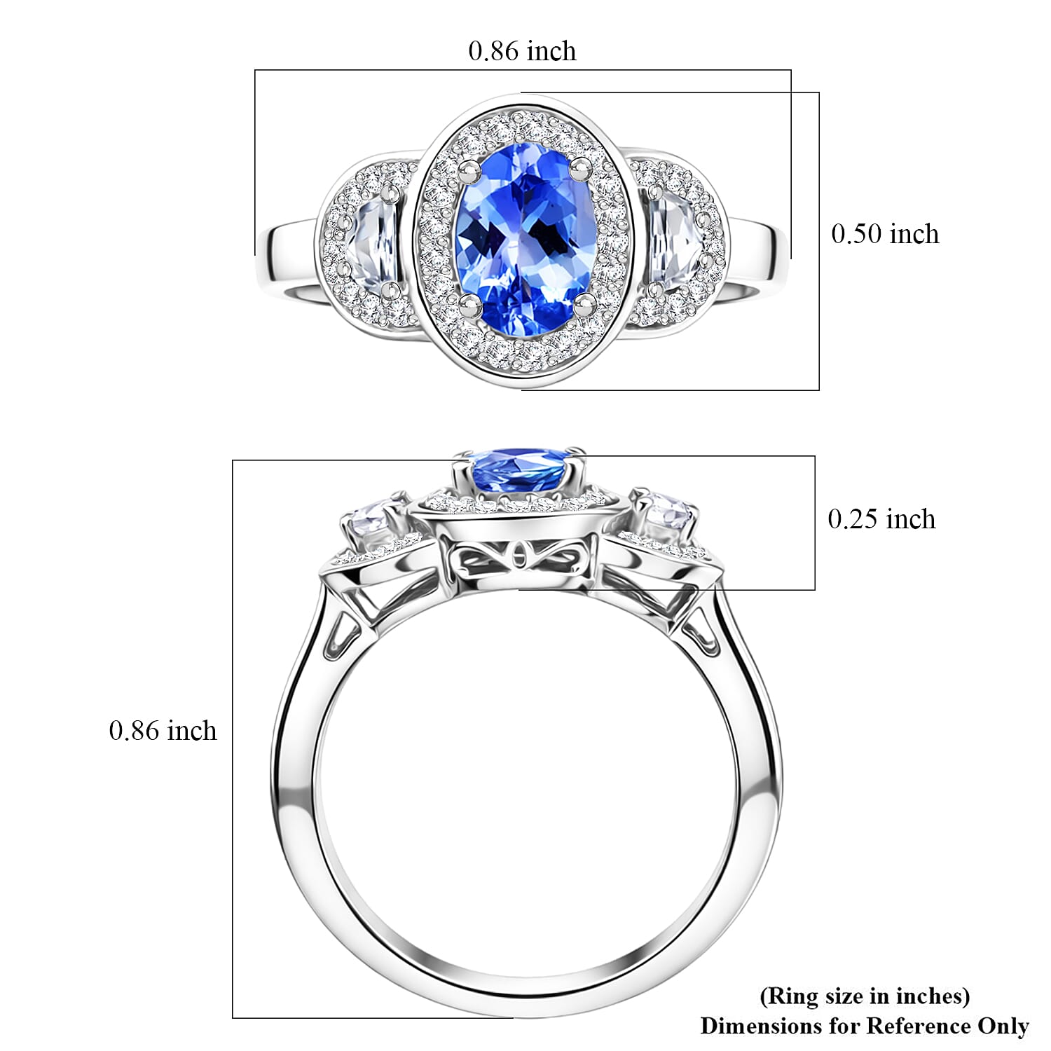 D'Joy Tanzanite and White Zircon 1.60 ctw Tri Stone Harmony Halo Ring in Rhodium Over Sterling Silver (Size 10.0)