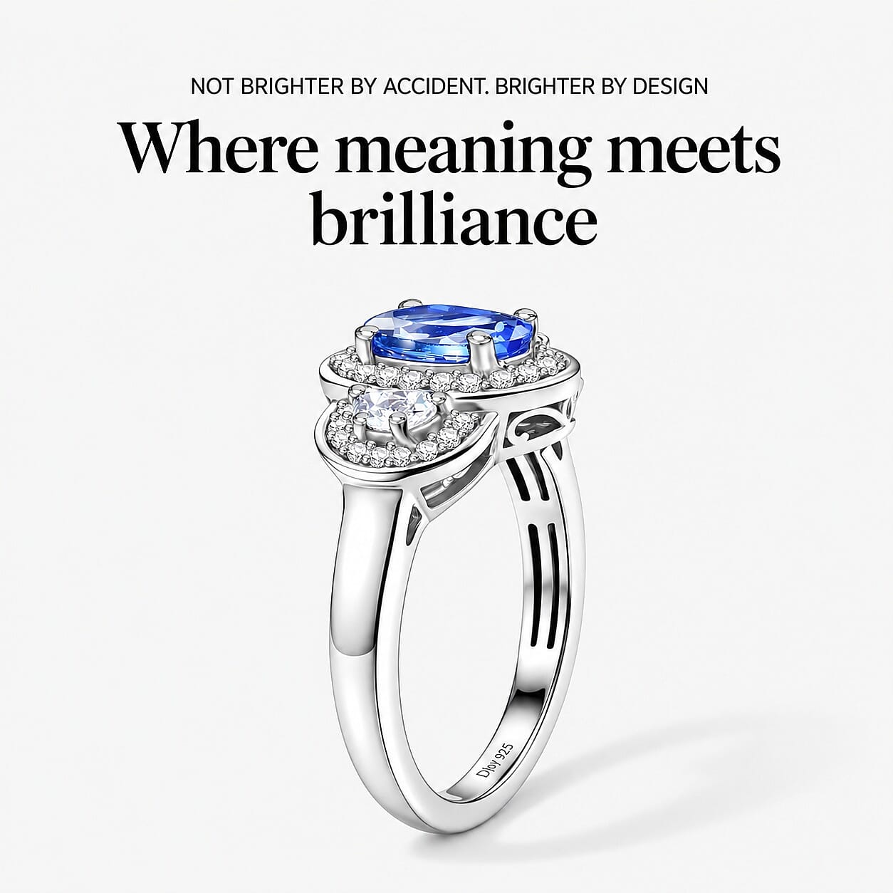 D'Joy Tanzanite and White Zircon 1.60 ctw Tri Stone Harmony Halo Ring in Rhodium Over Sterling Silver (Size 6.0)