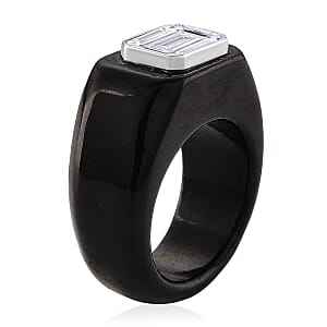 D'Joy Moissanite and Black Jade (D) 54.85 ctw Ring in Rhodium Over Sterling Silver (Size 10.0)