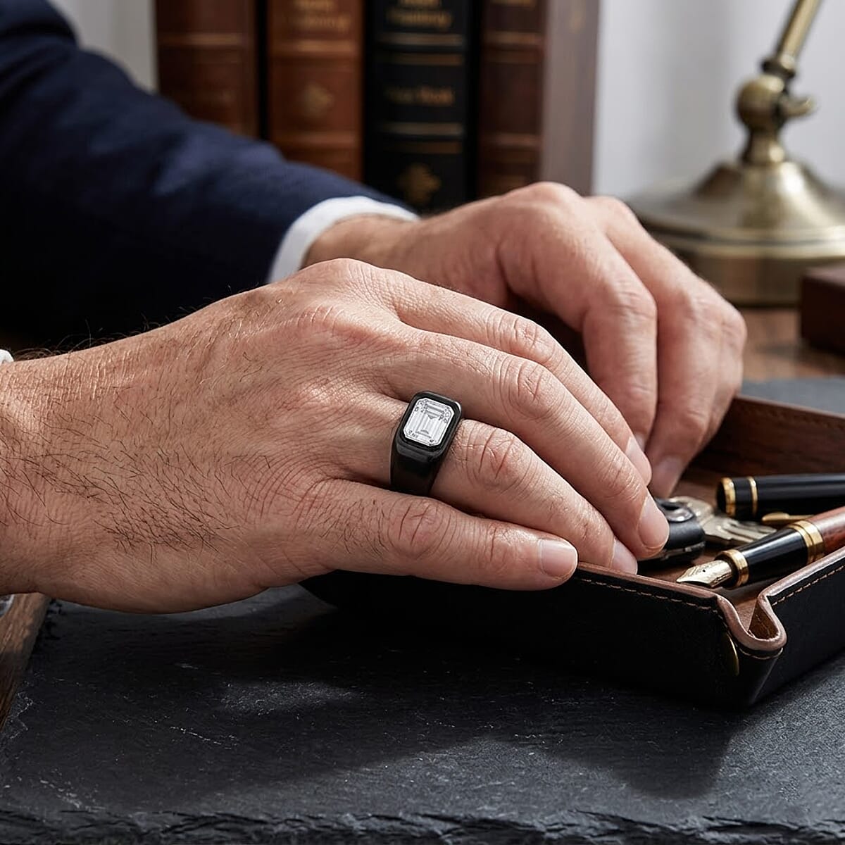 D'Joy Moissanite and Black Jade (D) 62.35 ctw Ring in Rhodium Over Sterling Silver (Size 11.0) image number 2