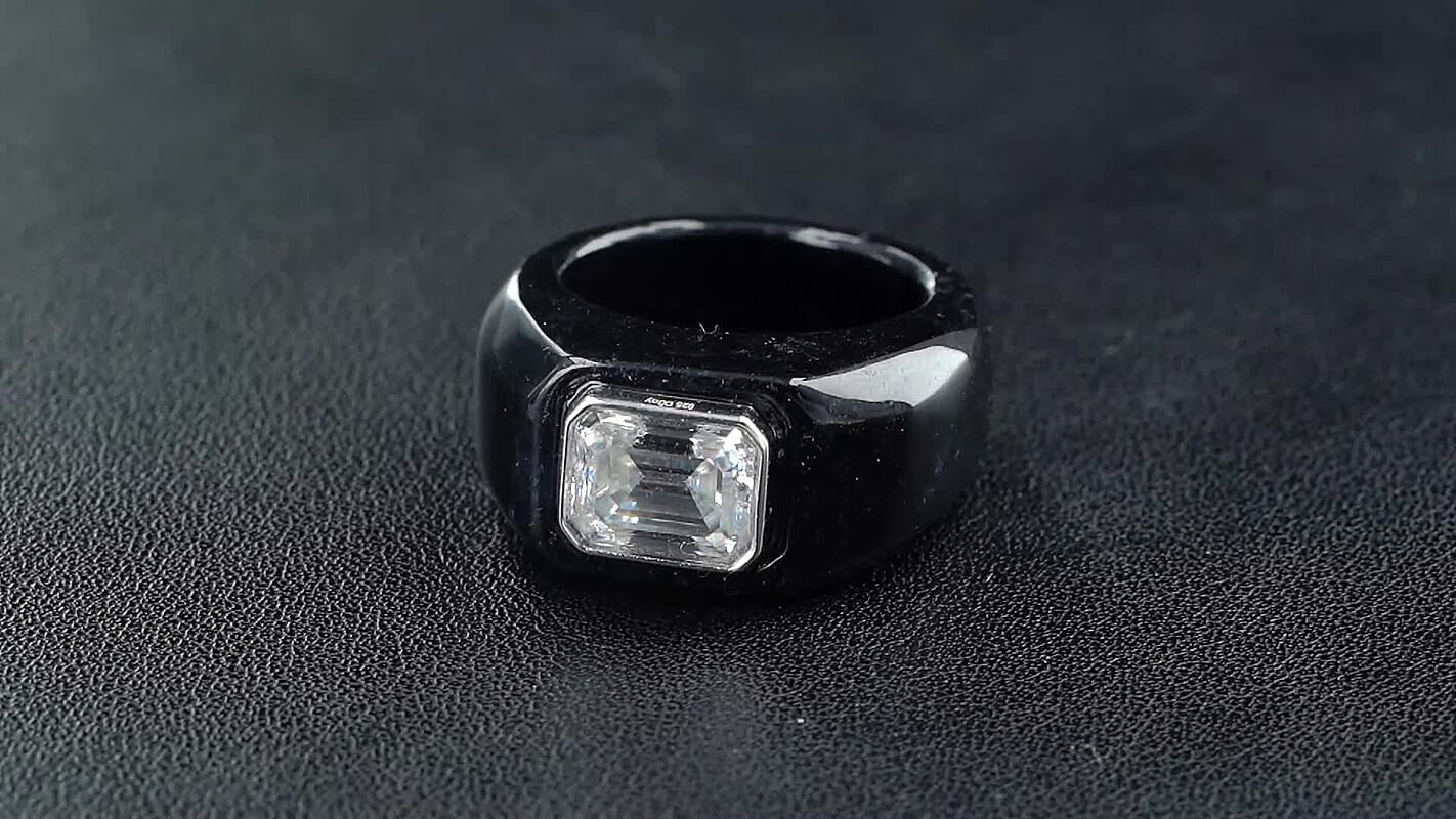 D'Joy Moissanite and Black Jade (D) 54.85 ctw Men's Ring in Rhodium Over Sterling Silver