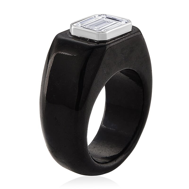 D'Joy Moissanite and Black Jade (D) 54.85 ctw Men's Ring in Rhodium Over Sterling Silver (Size 12.0)