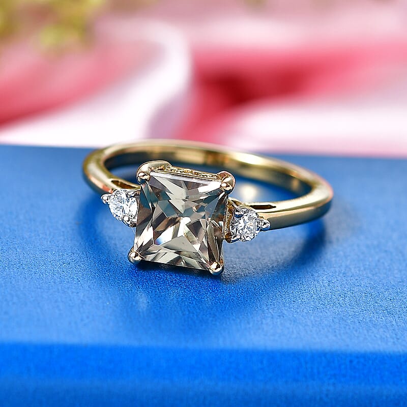 Princess Cut AAA Turkizite and Luxuriant Lab Grown Diamond G-H SI 2.25 ctw Golden Dusk Solitaire Ring in 18K Vermeil Yellow Gold Over Sterling Silver (Size 8.0)