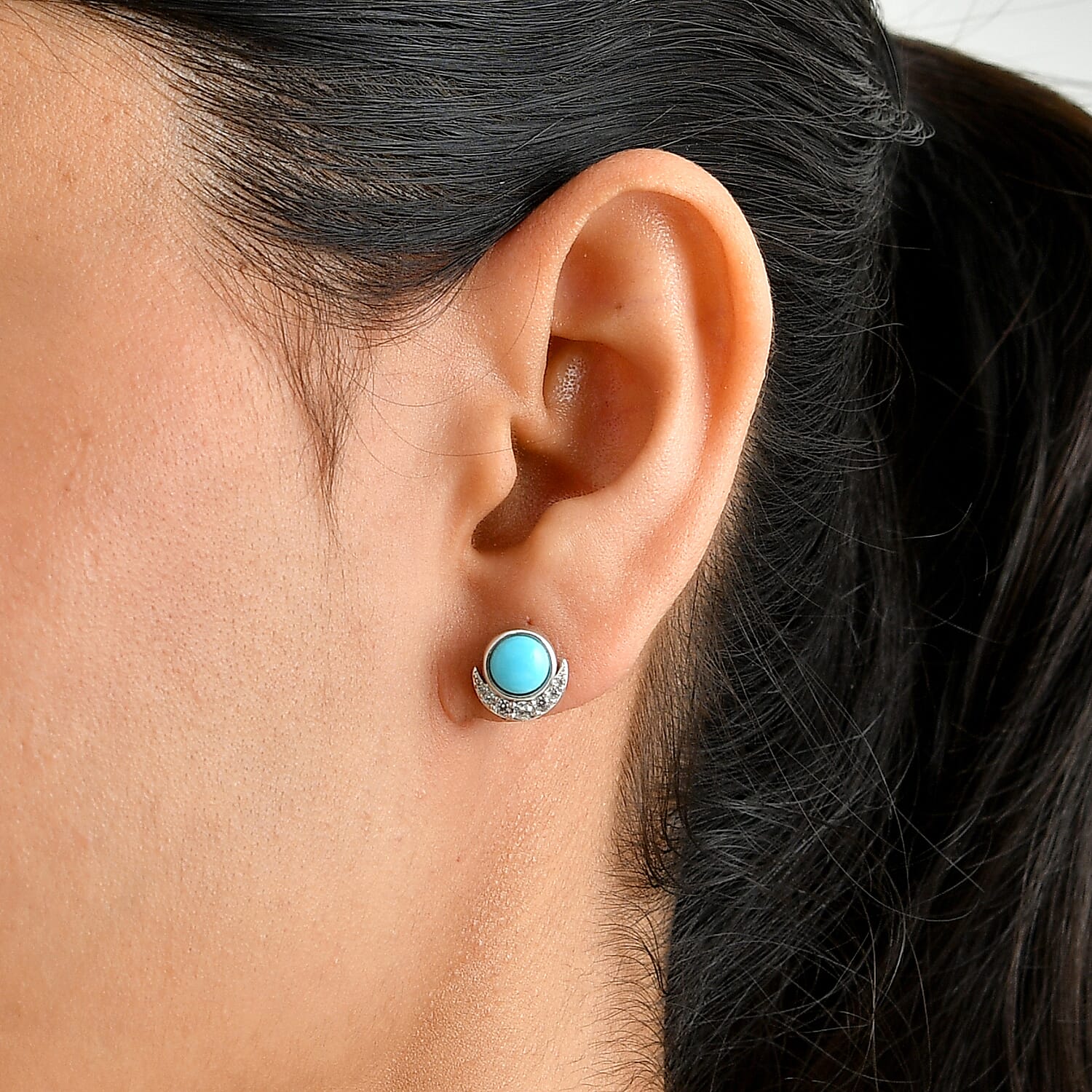 EverTrue Egyptian Turquoise and White Zircon 1.90 ctw Solitaire Stud Earrings in Platinum Bond