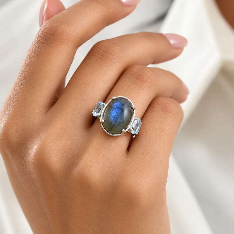 EverTrue Malagasy Labradorite and Sky Blue Topaz 10.35 ctw Ring in Platinum Bond (Size 6.0)