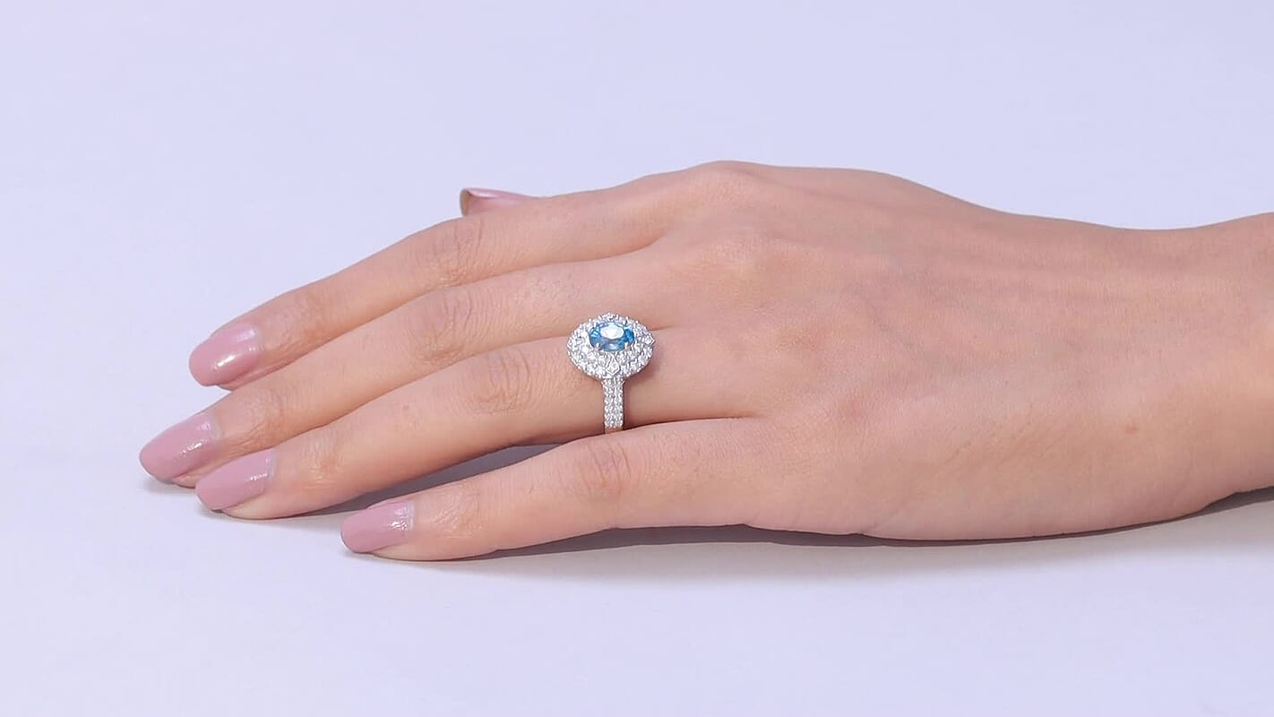 Certified and Appraised D'Joy Cambodian Blue Zircon, Moissanite Ring in Rhodium Over Sterling Silver (Size 10.0) 3.20 ctw