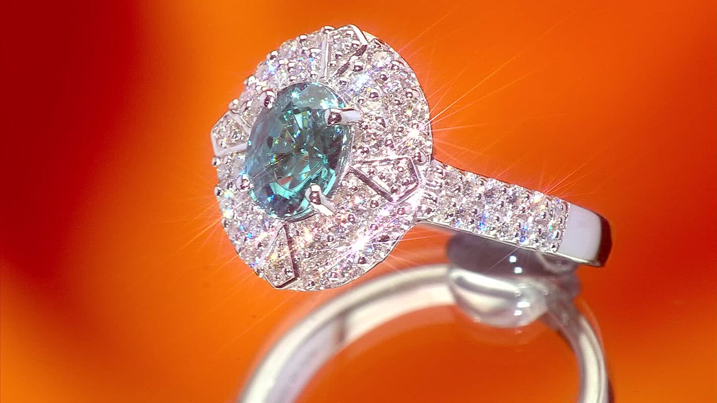 Certified and Appraised D'Joy Cambodian Blue Zircon, Moissanite Ring in Rhodium Over Sterling Silver (Size 10.0) 3.20 ctw